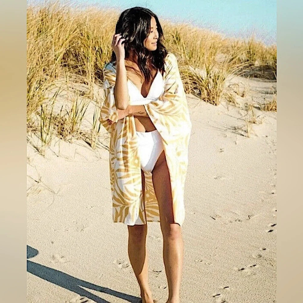 NWOT Maison Du Soir Magnolia Luxe Palm Kimono Robe Cover Up Orange/White M/L